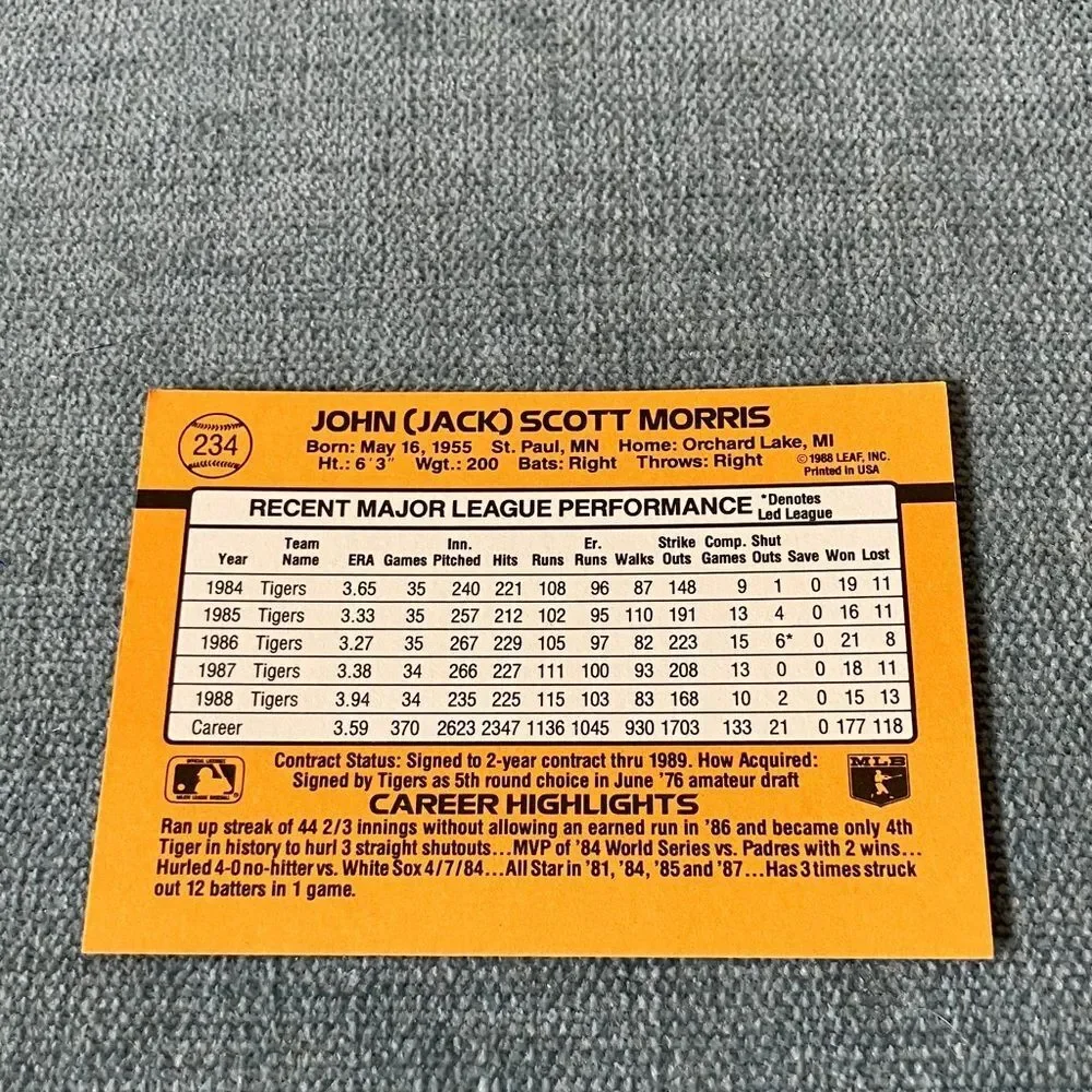 1989 Donruss Detroit Tigers Baseball Card Trading Card